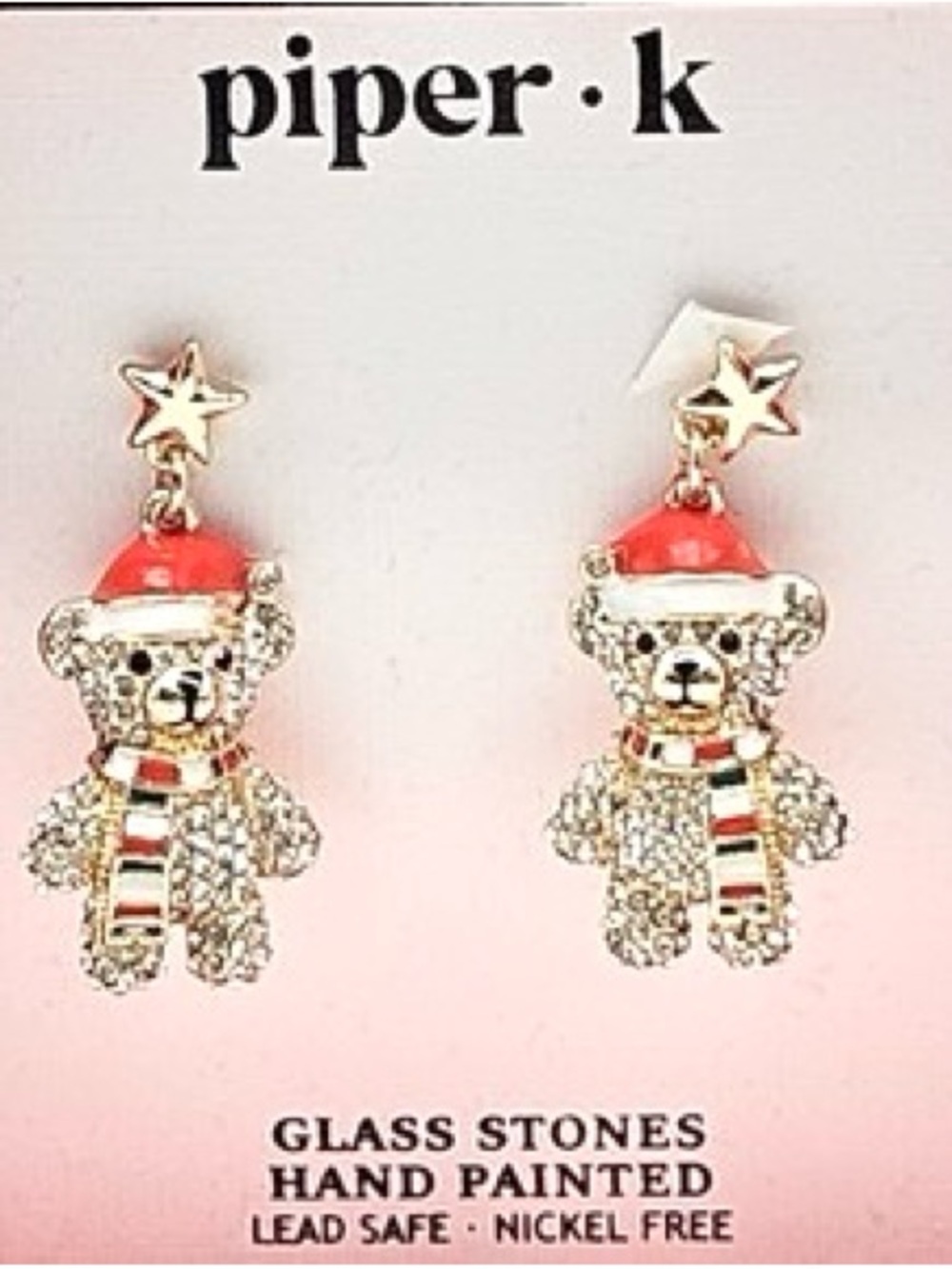 Piper K Christmas Santa Teddy Bear dangle earrings hand-painted/glass stones.